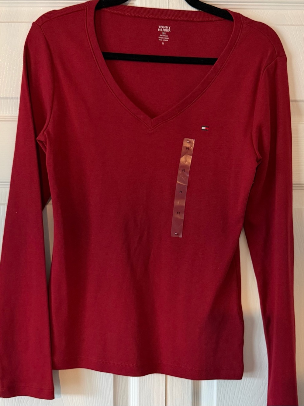 Tommy Hilfiger Women's Deep Red V-Neck Long Sleeve Tee